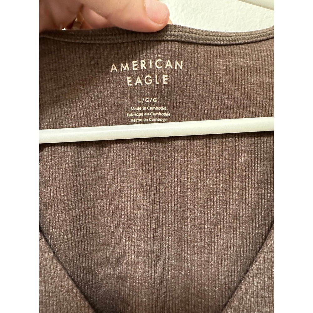 American Eagle NWT Brown Ribbed V Neck Bodysuit Short Sleeve Snapped Closure,  L - Picture 3 of 7